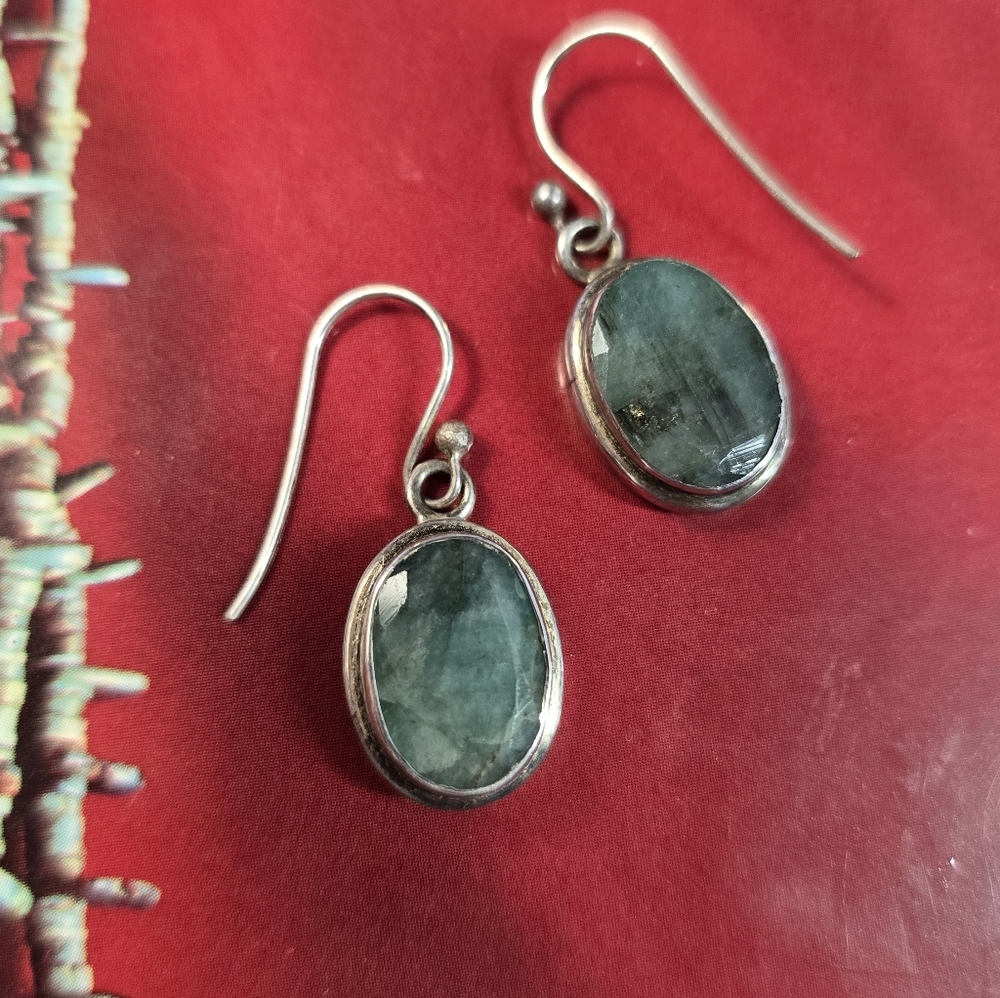 Elegant Sterling Silver and Natural Jade Signed And Stamped Earrings